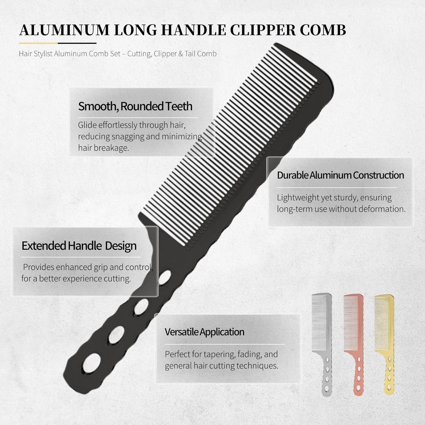 3 Pcs Professional Aluminum Comb Set for Barber Hair Styling - Fine Cutting, Rat Tail, Handle Combs (Black)