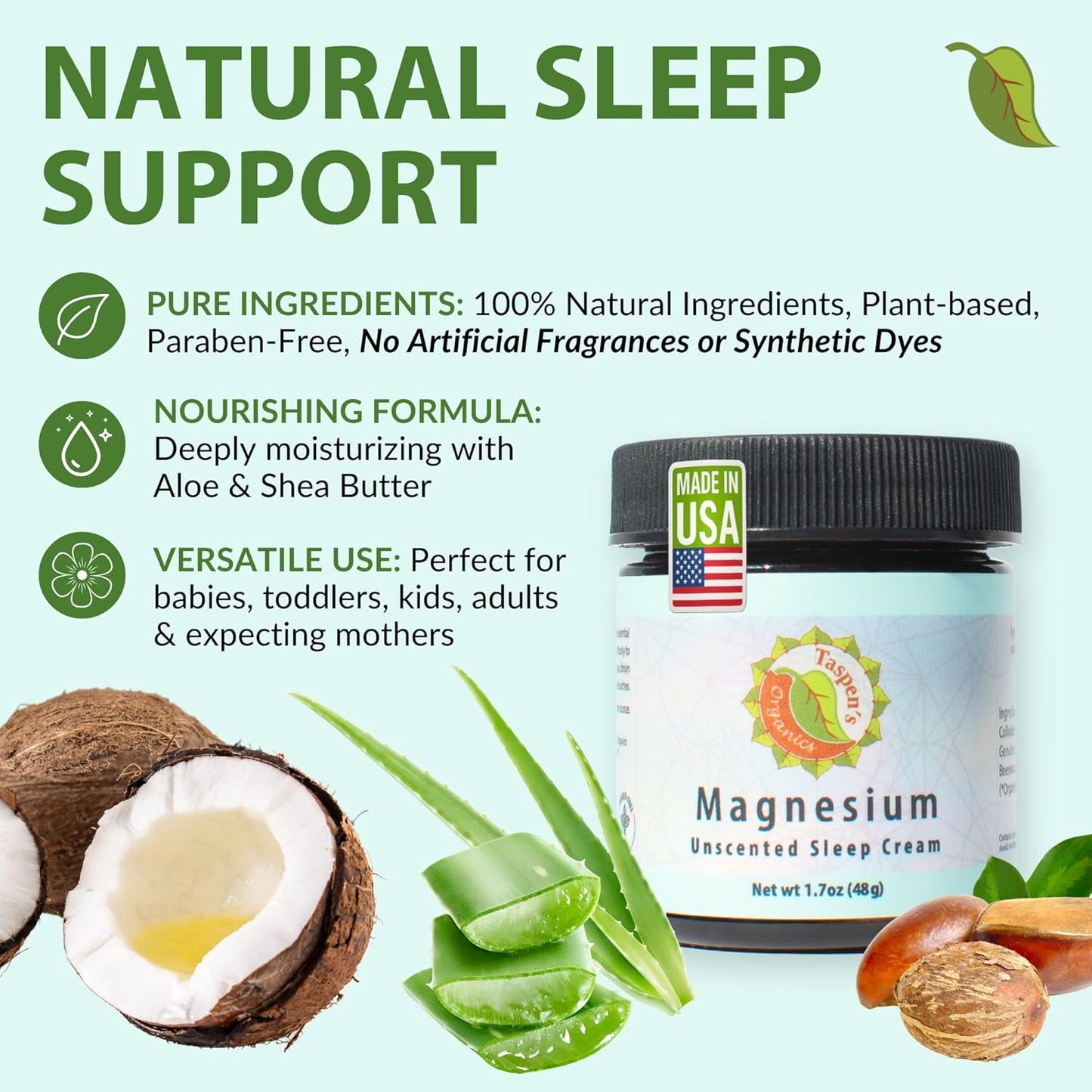 Taspen's Organics Magnesium Unscented Sleep Cream | Natural Nighttime Topical Magnesium for Babies, Toddlers, Kids & Pregnancy | Promotes Relaxation, Deep Sleep & Soothes Muscles (4 oz)