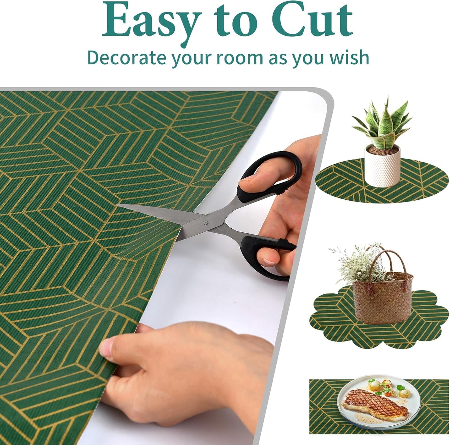 Shelf Liners for Kitchen Cabinets 17.5in x 20FT, Non Adhesive Cabinet Liner Strong Non-Slip Thickened Gold Green Geometric Drawer Liner, Easy to Clean for Shelf, Cabinet with Knife and Tape Measure