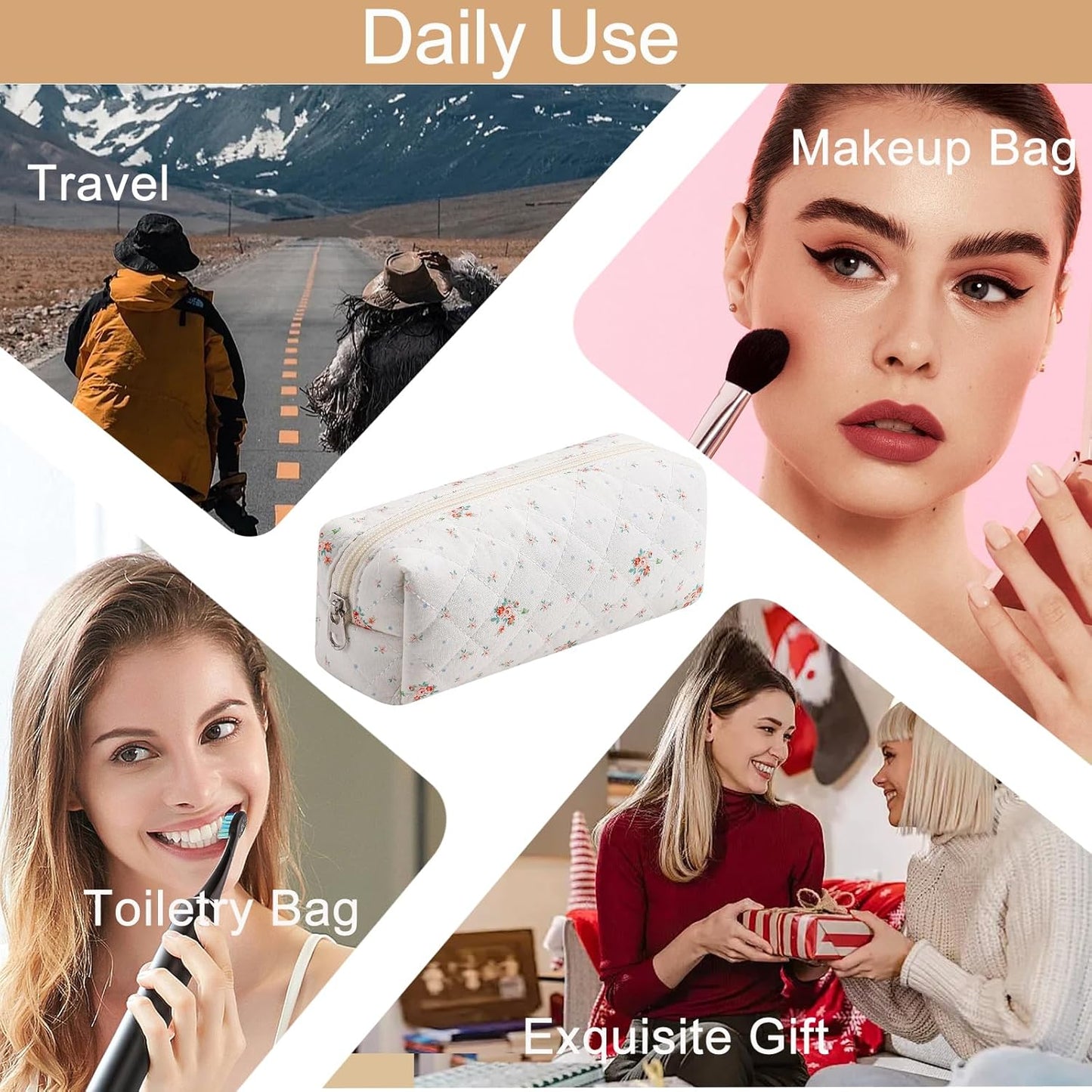 Cute Floral Cotton Makeup Brush Cosmetic Bag for Women, Travel Quilted Zipper Make Up Bag, Flowers Toiletry Organizer Case Kawaii Makeup Cosmetic Travel Cloth Pouch (White Small Flower)