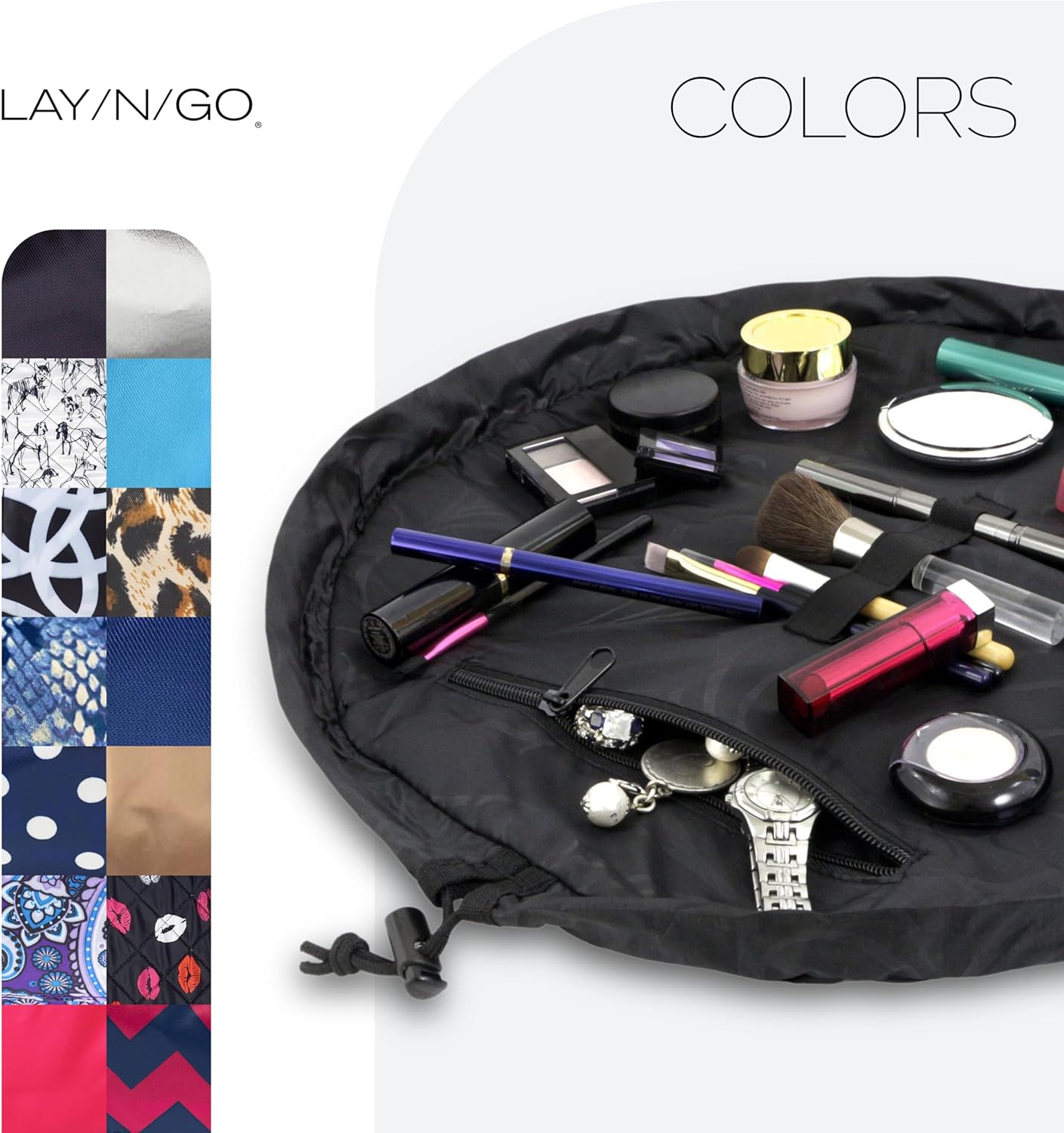 Lay-n-Go Cosmo Layflat Drawstring Cosmetic & Makeup Bag Organizer - Portable Drawstring Bag w/Zipper Pocket, Makeup Loops & More - Durable, Machine Washable Toiletry Bag for Travel (20", Black)