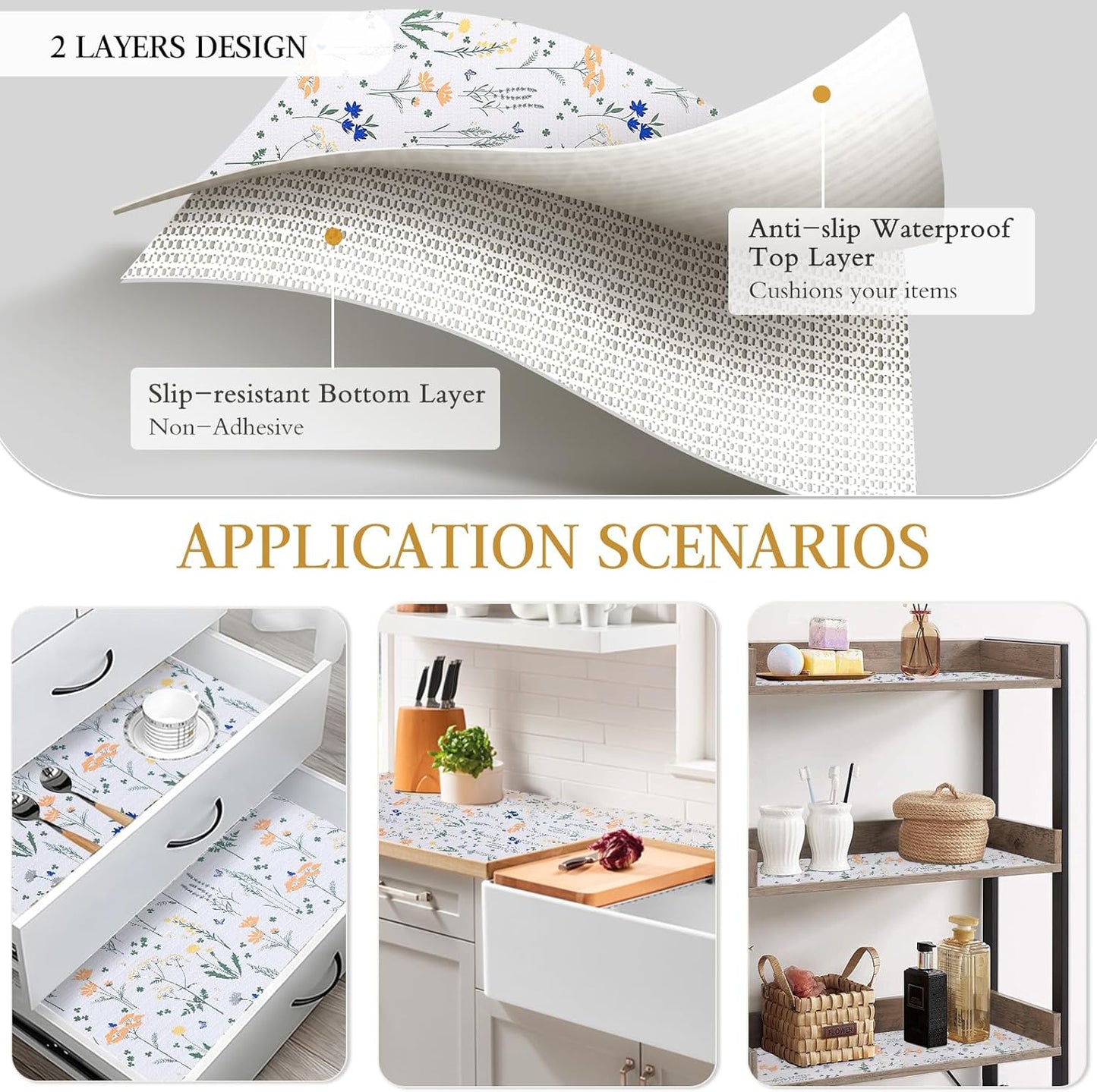 Beautysaid Shelf and Drawer Liner for Kitchen Cabinet, Non Adhesive Non Slip Shelf Paper Waterproof Washable Thickened for Dresser Pantry Shelve Bathroom Protector Liner(Floral,18 in x 10 FT)