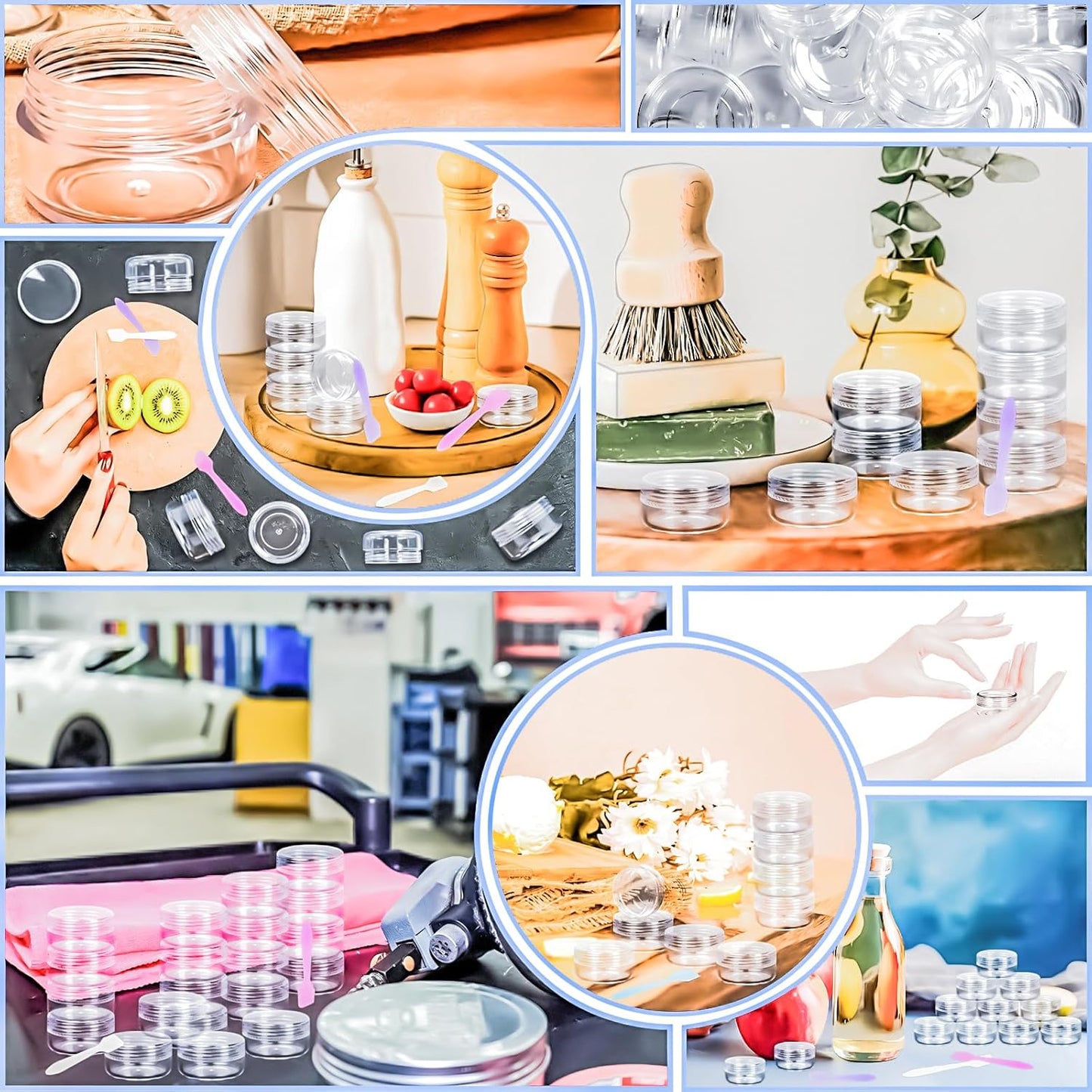 MotBach 50PCS 10g Empty Sample Containers with Clear Lids,Refillable Makeup Sample Containers, Small Sample Pot Jars Travel Makeup Containers with Mini Spatulas for Liquid Powder Creams Lotions