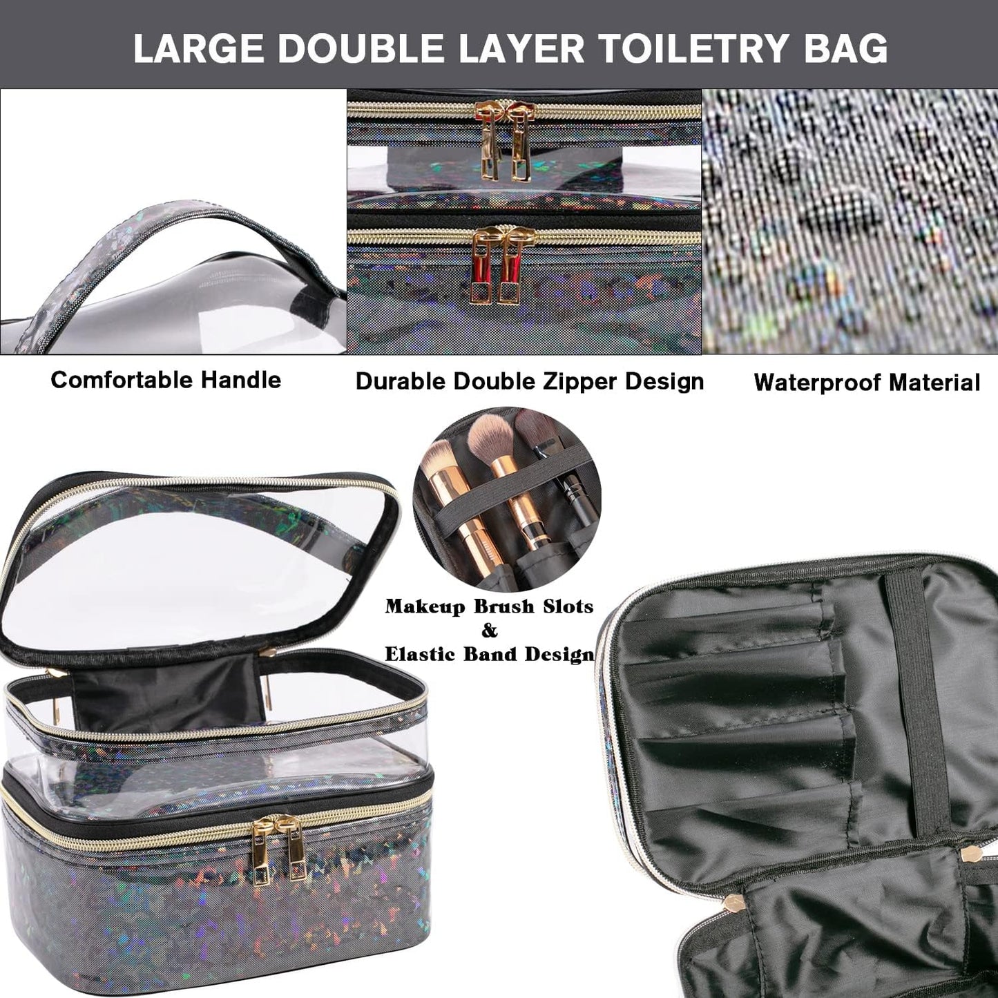 FITINI Makeup Bags Double Layer Travel Storage Cosmetic Cases Make-up Organizer Toiletry Bags Water-resistant for Women Makeup Brush Bag,Black