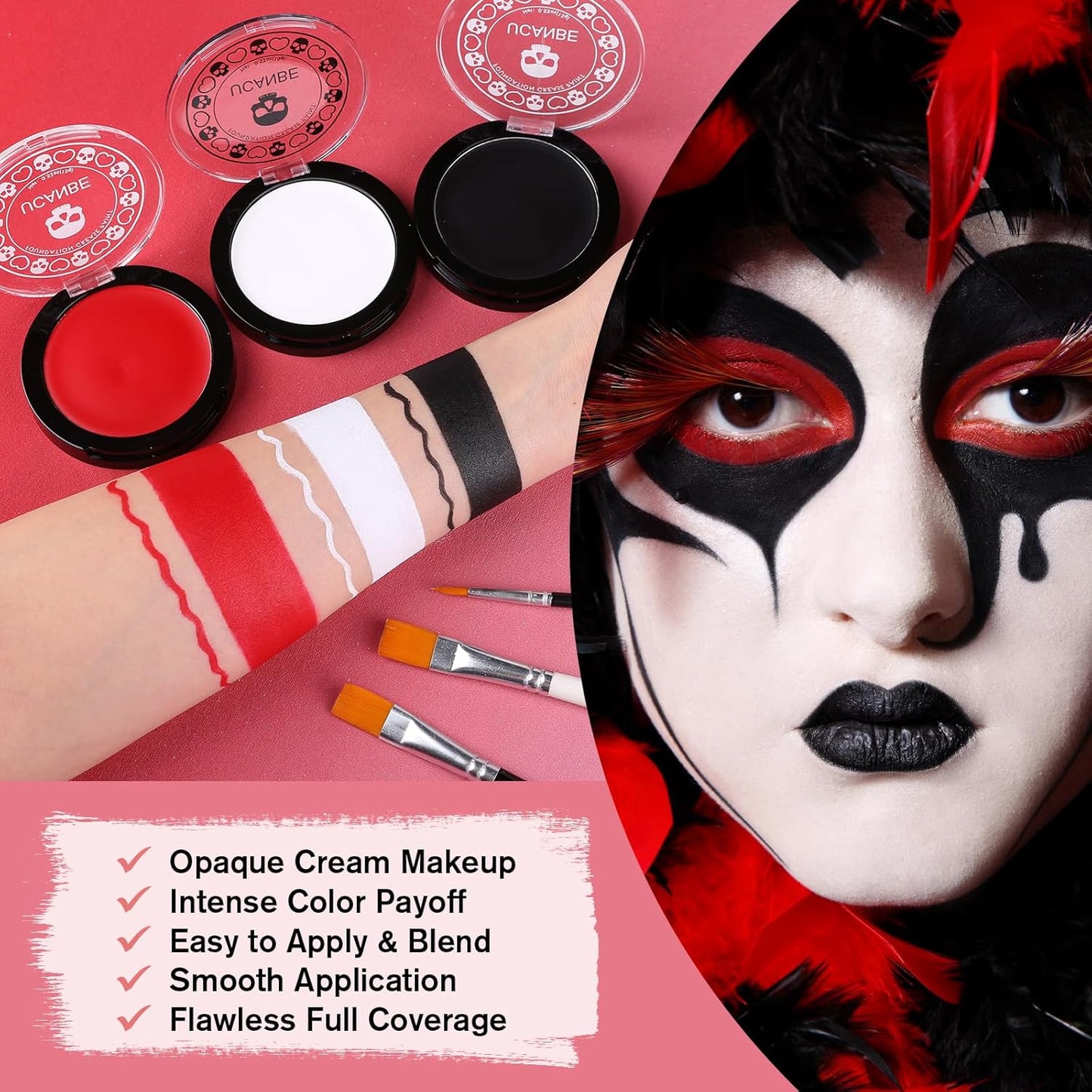 Goth White Foundation + Black Red Face Body Paint for Halloween Makeup, Face Painting Kit with Brushes Facepaint Set for Kids Adults Clown Vampire Skull SFX Make Up Costume Cosplay Party Theater Stage