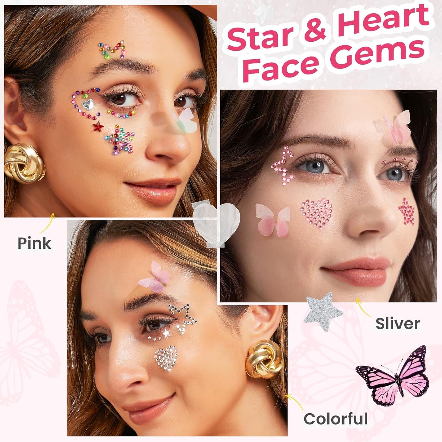 YGDZ Face Jewels, Face Gems Self Adhesive Rhinestones Stickers, Star Hair Gems, Butterfly, Heart Festival Face Stickers for Kids, Women, Y2K Rave Accessories