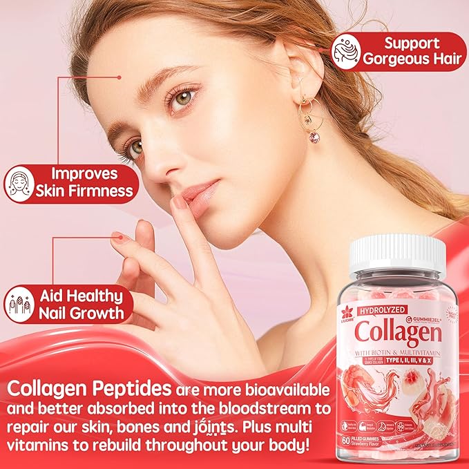 Collagen Peptide Gummies for Women & Men Sugar-Free, Multi Collagen Hydrolyzed w/ 1500mg Protein Type I,II,III,V,X, 5000mcg Biotin, Methylated B12, Vitamin C A E D3 B6 for Skin Hair Nails, Bone, 60Cts