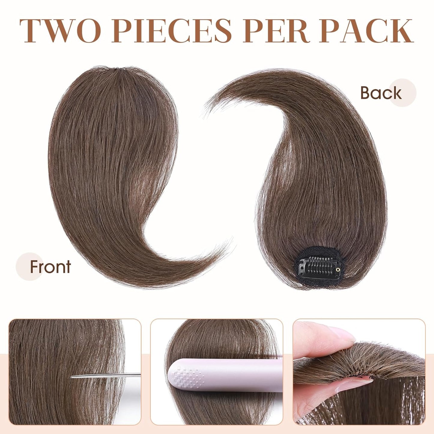 Hairro Clip in Wave Side Bangs Extensions, 100% Human Hair 2 PCS Clip on Middle Part French Bangs Thin Sides Swept Fringe Hairpieces