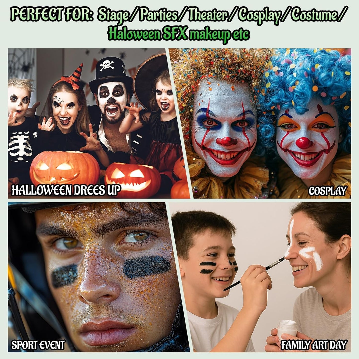 White Black Green Face Body Paint with Applicator, Oil Based Face Painting Kit for Zombie, Monster, Witch Halloween Makeup, Cosplay, Costume, SFX Special Effect and Parties - Compact, Travel Size