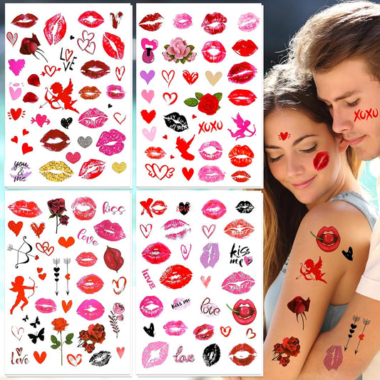 8Sheets Valentine's Day Kiss Tattoos Temporary Red Lips Fake Tattoos Self-adhesive Waterproof Stickers for Adult Women Girls Face Body Decoration