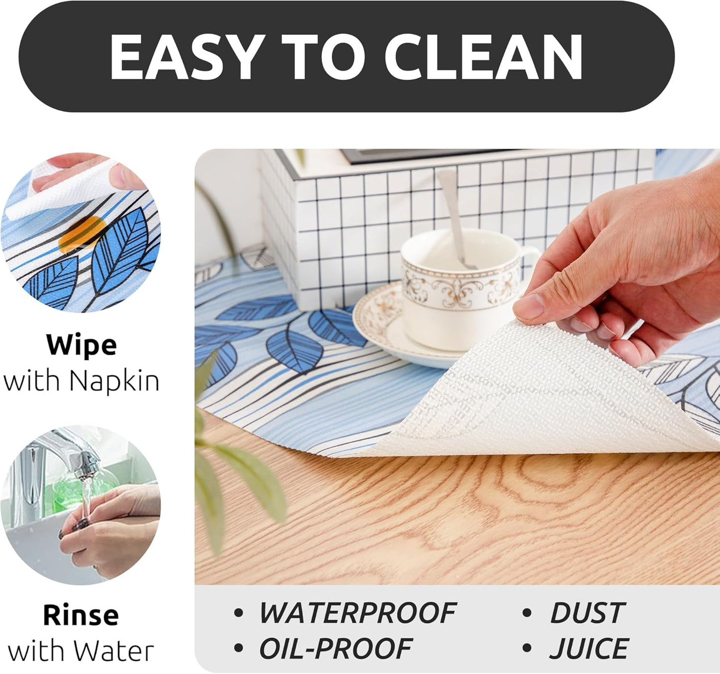 RAY STAR 18X96 Inch Shelf Liner for Kitchen Cabinets, Non-Adhesive Cabinet Liner Washable, PVC Drawer Liner for Dresser Non-Slip Bathroom (Blue Leaf)(1 Roll)