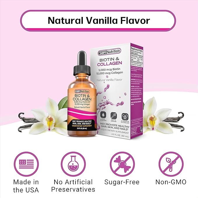 SBR Nutrition Biotin and Collagen Liquid Daily Dietary Supplement, Vitamins for Hair Growth and Thickening, Skin Health and Nail Strength, 2 oz (60mL)
