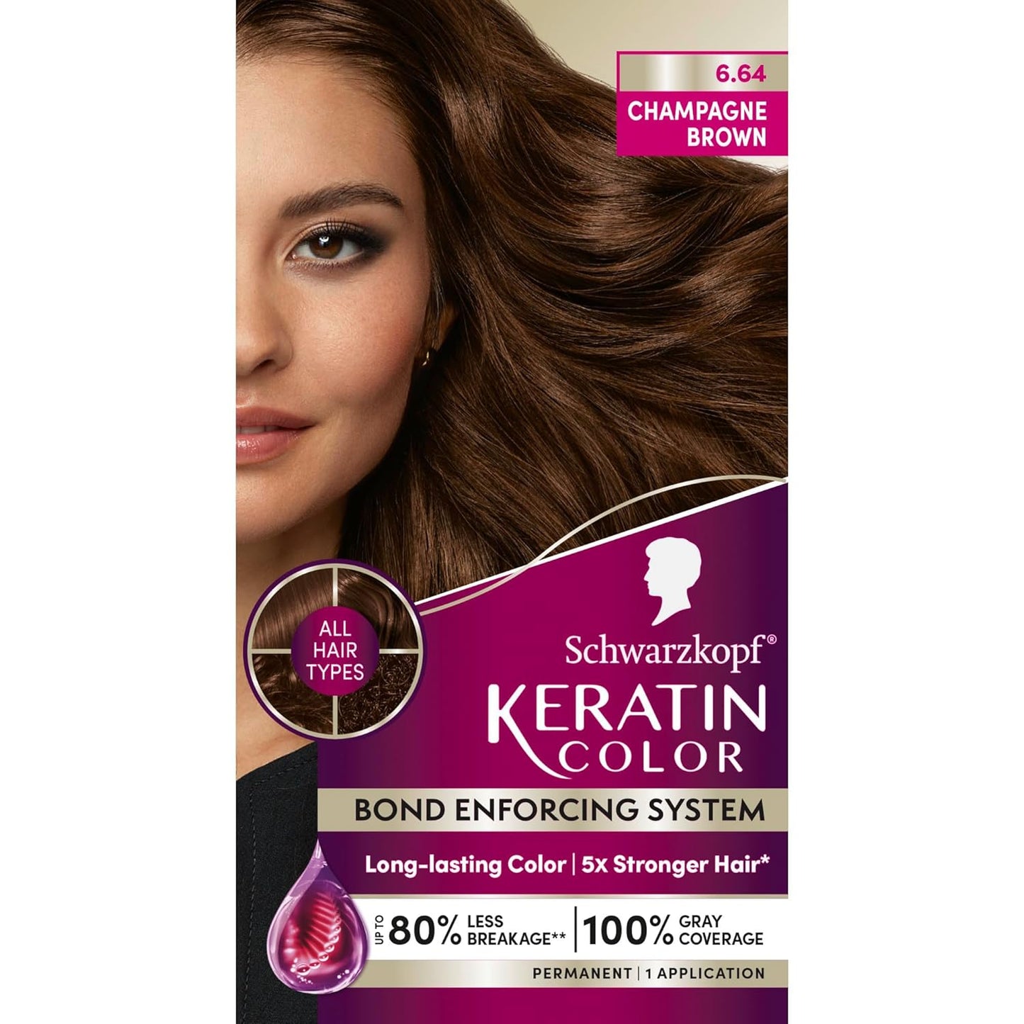 Schwarzkopf Keratin Permanent Hair Dye Cream, 6.64 Champagne Brown, Professional Quality Color for Up to 100% Gray Coverage, Bond Enforcing System