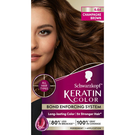 Schwarzkopf Keratin Permanent Hair Dye Cream, 6.64 Champagne Brown, Professional Quality Color for Up to 100% Gray Coverage, Bond Enforcing System