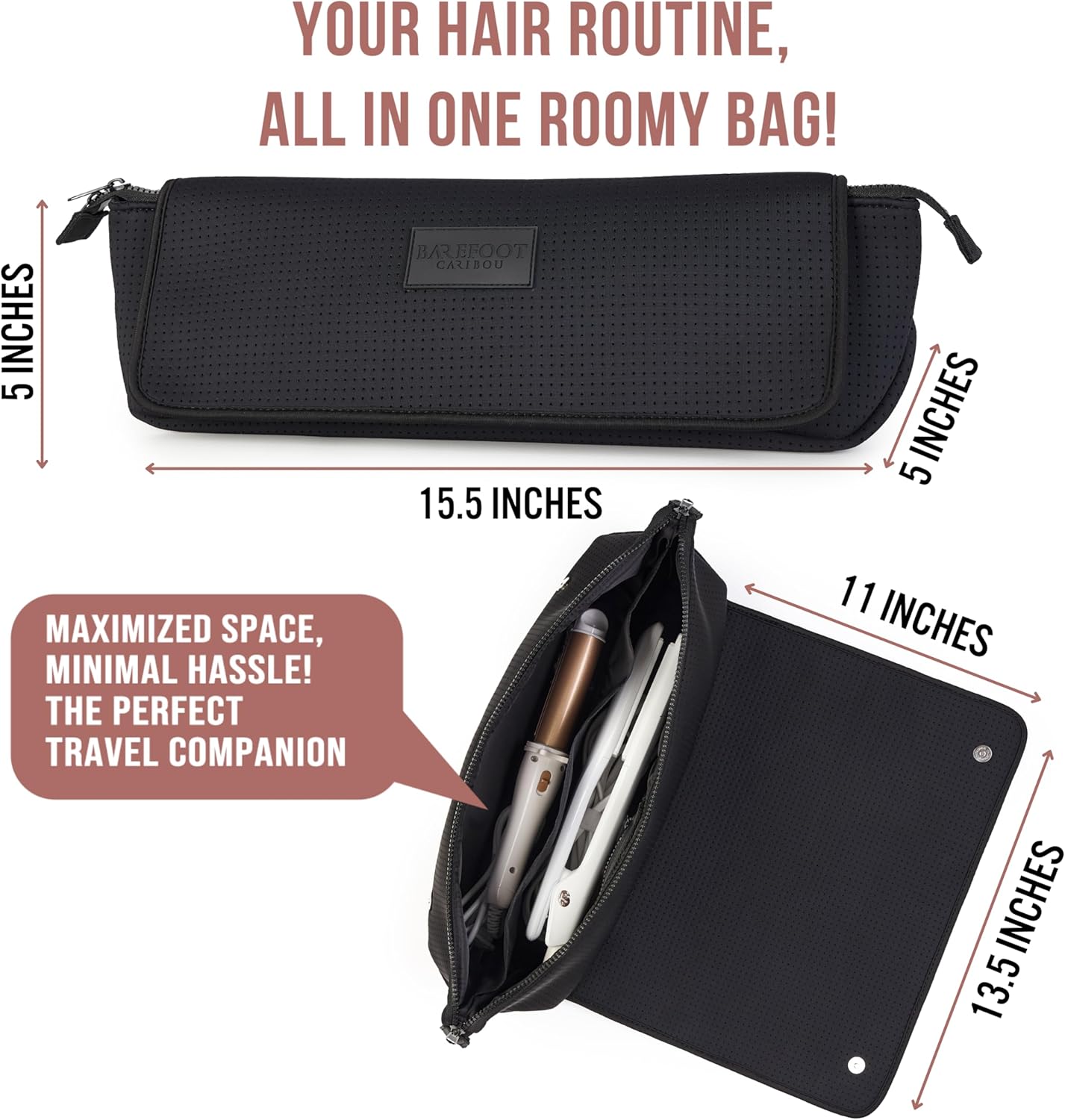 BAREFOOT CARIBOU Hair Tools Travel Bag and Heat Resistant Mat for Flat Irons, Straighteners, Curling Iron, and Haircare Accessories, 2-in-1 design, with Interior Pockets, Portable Organizer