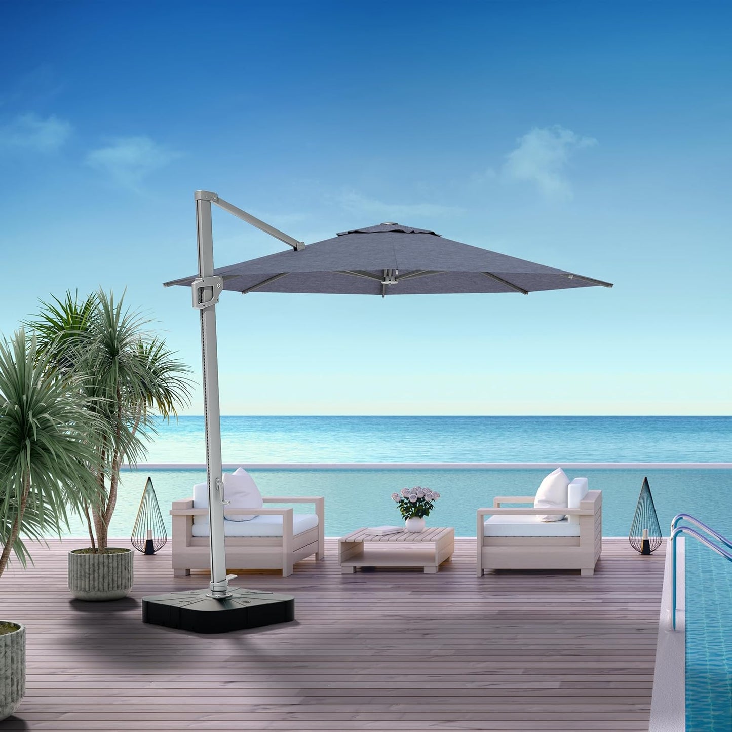 Midtown Umbrellas 10 Ft Outdoor Cantilever Patio Umbrella w/Terylast Heather Grey Fabric - Rotate 360° Offset Patio Umbrella, Deck Patio Umbrella, Backyard Umbrella & Garden Umbrella - Silver Frame