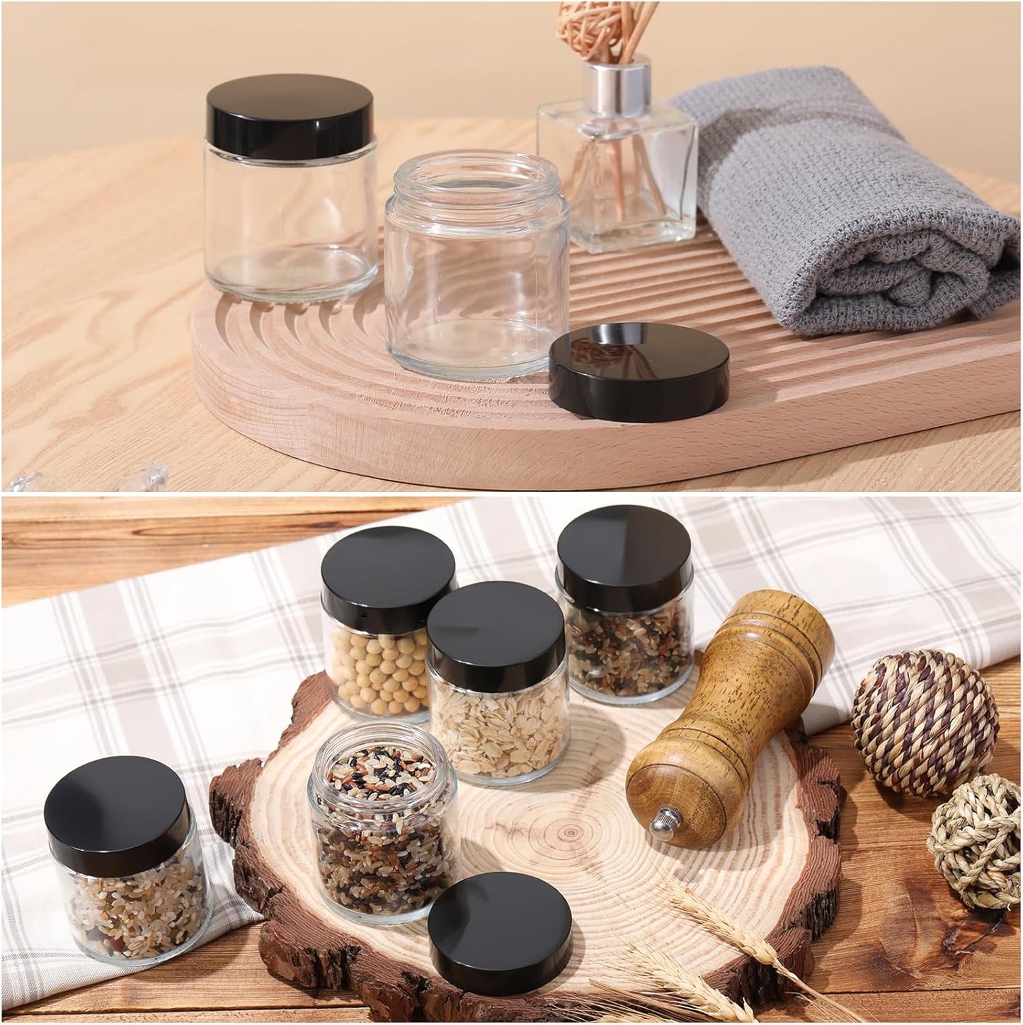 Norme 24 Pcs 4 oz Glass Jars with Lids Leakproof Round Airtight Empty Cosmetic Jars with Inner Liners Lid for Storing Lotions Powder Ointments Candle Making Tins (Black,Clear)