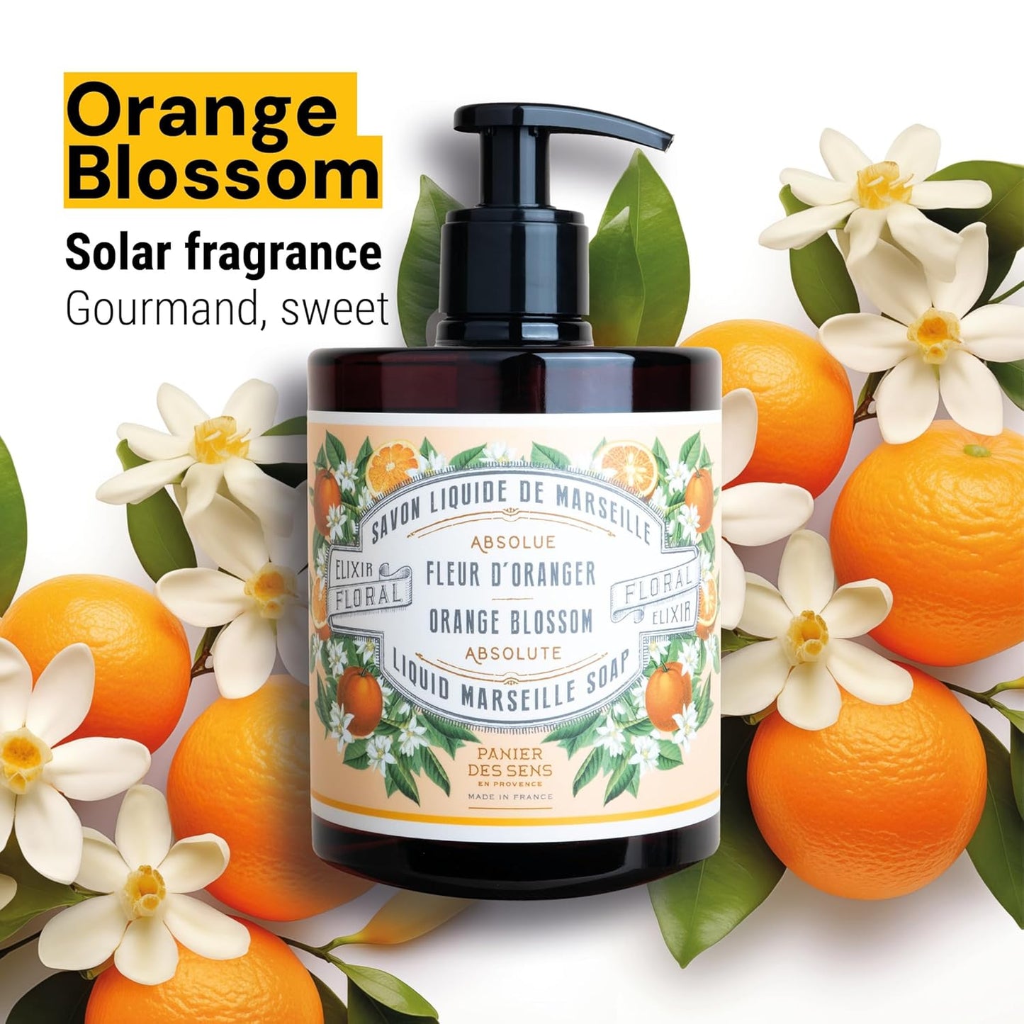Panier des Sens - Moisturizing Hand Soap - Orange Blossom Gourmand Fragrance - French Traditional Savon de Marseille Soap - Refillable Kitchen & Bathroom Soap - 16.9 Fl.oz Liquid Hand Wash 96% Natural