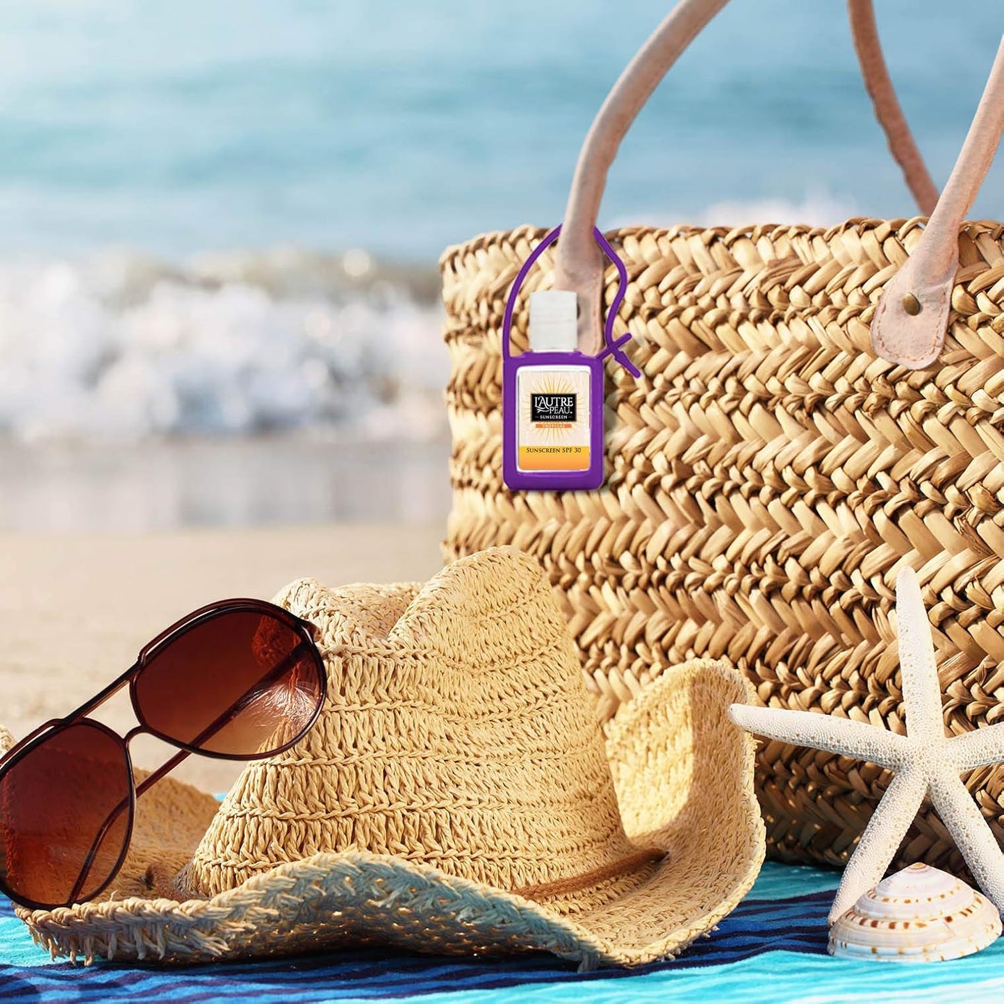 SPF 30 Sunscreen Multi-Pack by L'AUTRE PEAU | Travel Size Sunscreen for Men, Women & Kids | Non-Greasy, Water Resistant | Tropical Scent | TSA Approved | 4 Pack With Travel Strap