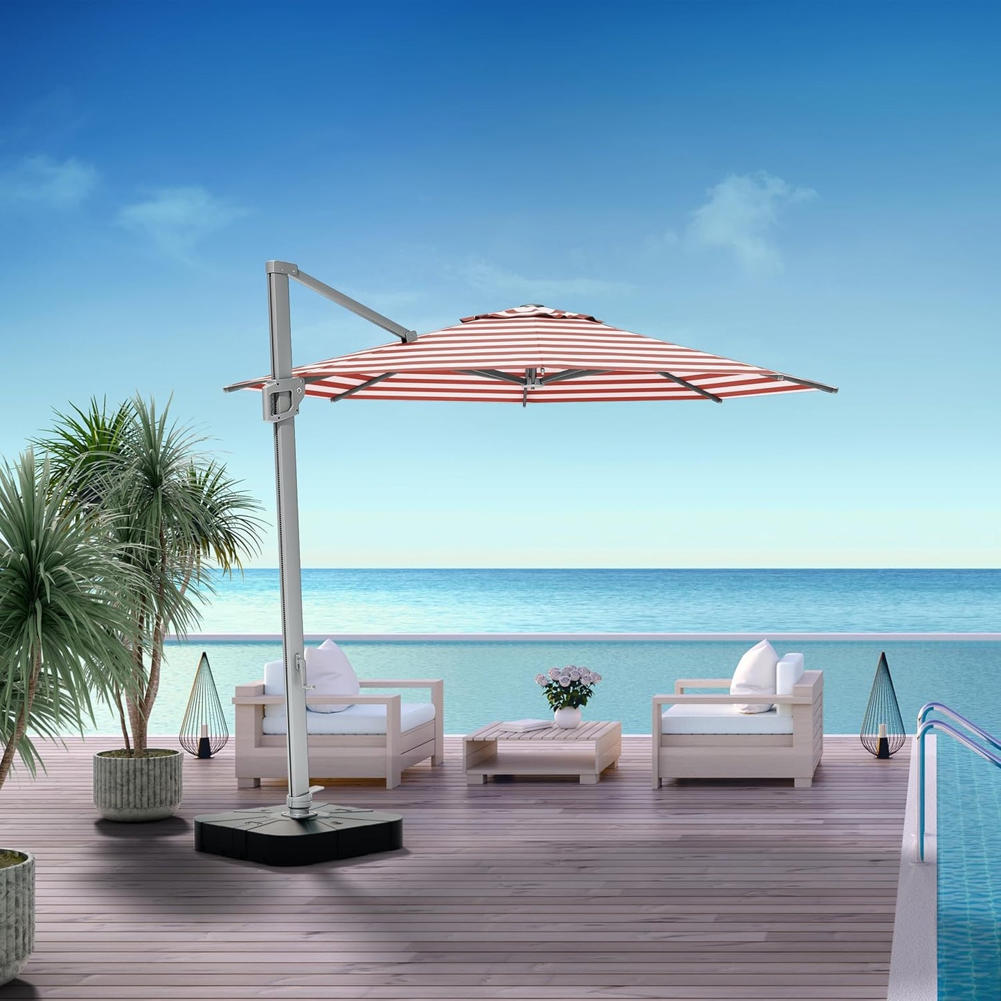 Midtown Umbrellas 10 Ft Outdoor Cantilever Patio Umbrella w/Terylast Red Stripes Fabric - Rotate 360° Offset Patio Umbrella, Deck Patio Umbrella, Backyard Umbrella & Garden Umbrella - Silver Frame