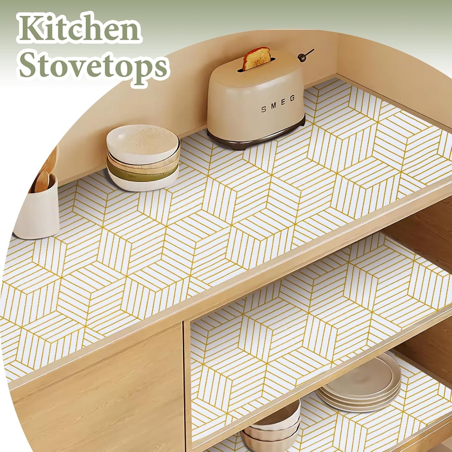 Shelf Liners for Kitchen Cabinets 17in x 40FT, Non Adhesive Cabinet Liner Strong Non-Slip Thickened Gold Geometric Drawer Liner, Easy to Clean for Shelf, Cabinet with Knife and Tape Measure