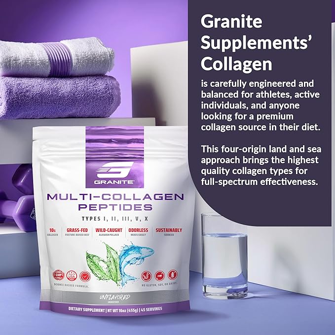 Granite Supplements Collagen Peptides Powder - Hair Skin and Nails Vitamins with Type I, II, III, V, X Hydrolyzed Collagen Peptides for Nail Growth, Bone, Mobility, & Joint Support (16oz)