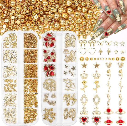 2 Boxes Metal Gold Nail Charms and Gems, 3D Alloy Crown Heart Planet Nail Gems Charms, Golden Bows Star Nail Studs, Gold Pearls Beads for Nails Art Designs DIY Accessories