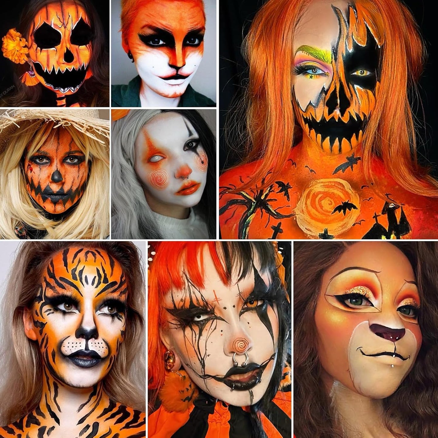 Black Orange Yellow Face Body Paint, Halloween Scarecrow Makeup Kit (3 Sponges + 5 Brushes), 9 Pcs Oil Based Non Toxic Face Painting Kit for Halloween Pumpkin SFX, Clown, Tiger, Lion, Fox, Costume Cos