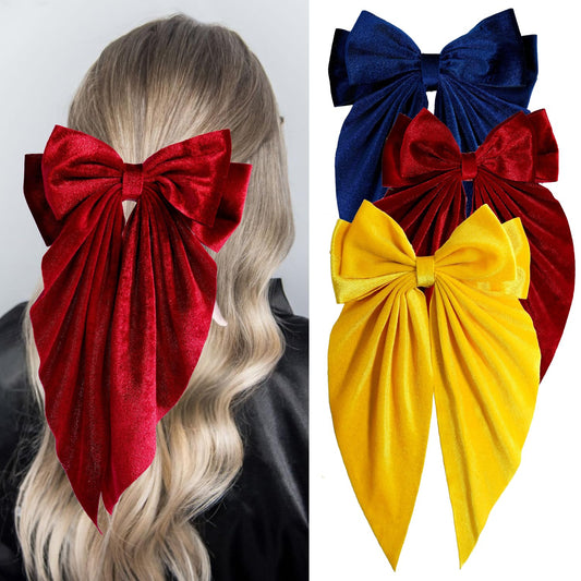 3 PCS Large Velvet Hair Bows, Oversized Long Tail Bows with Aliigator Clips, Coquette Hair Accessories for Women and Girls (Wine Red - Navy Blue - Yellow)