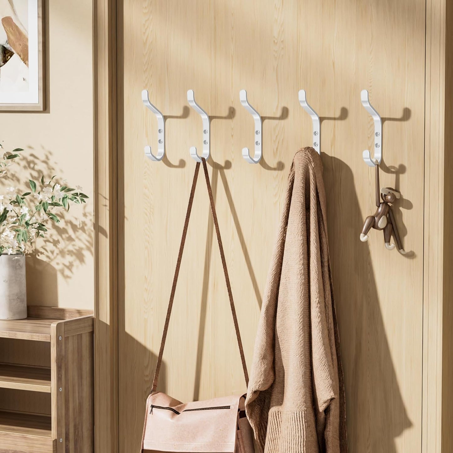 White Coat Hook for Hanging - Backpack Hook 5 Pack Wall Mount for Backpack, Bag, Keys and Towel, Double Hook in Closet, Entryway, Door, Bathroom and Workshop, Hold Up to 22Lbs.