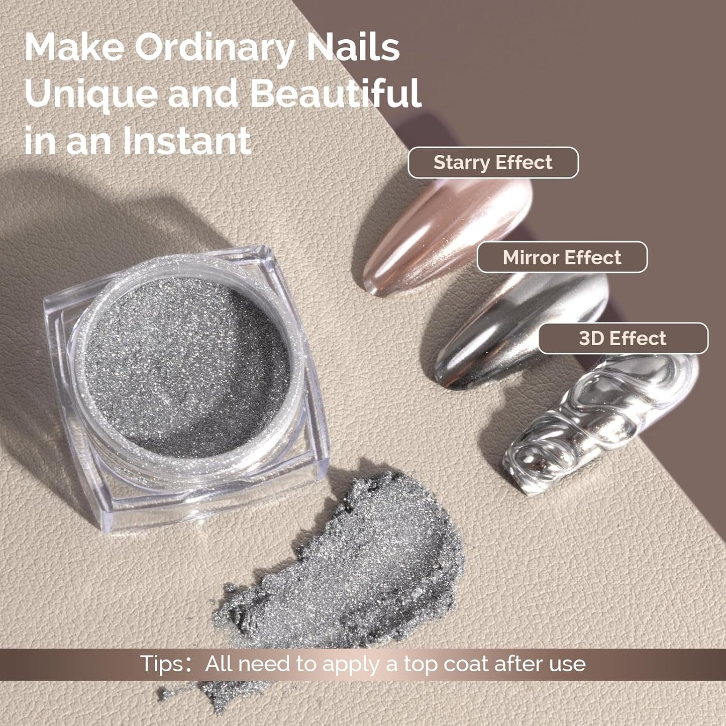 MelodySusie Sliver Chrome Nail Powder for Gel Nails,Metallic Mirror Effect Pigment Stylish and Technological Silver Fine Glitter for Home DIY Salon Use