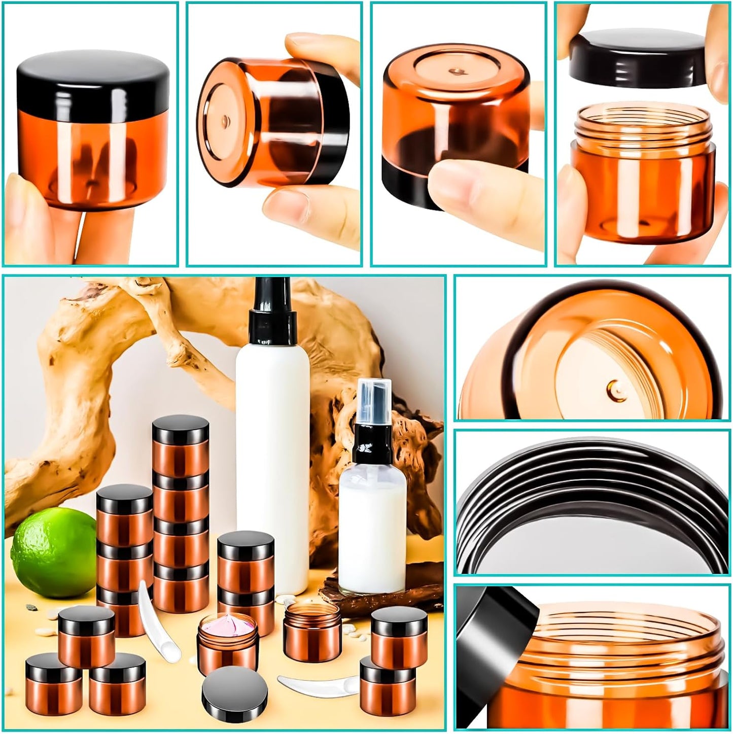 MotBach 35Pack Amber 20g Plastic Jars Containers, 20ml Travel Size Container Jars with Lids, 0.7oz Small Travel Cosmetic Container Jar for Toiletries Cream Makeup Cosmetic LipBalm Sample Powder Lotion