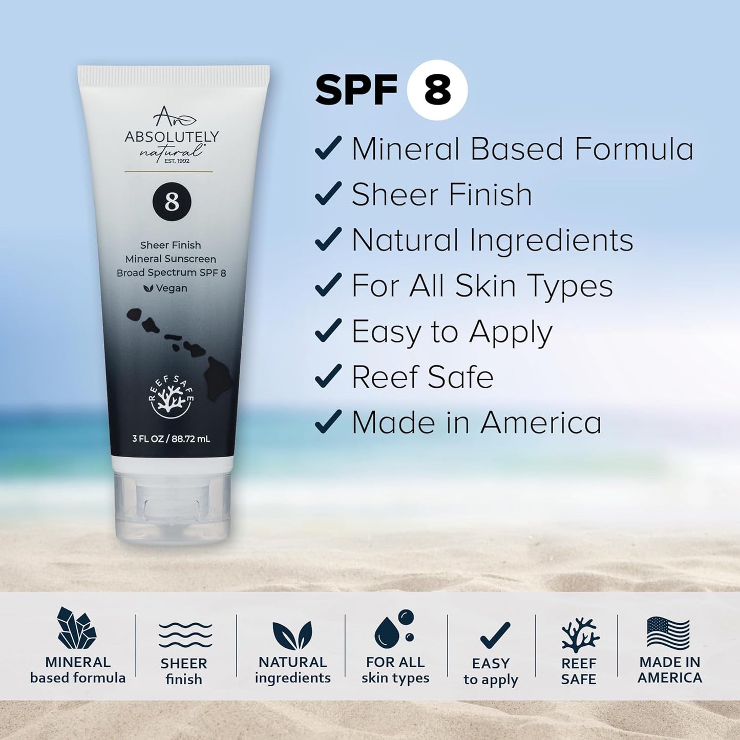 Absolutely Natural - SPF 8 Mineral Sunscreen - Water Resistant Moisturzing Lotion for Body & Face - Non-Nano Zinc Oxide, Vitamin E - 3 Oz