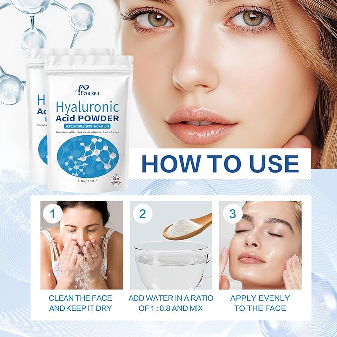 New Hyaluronic Acid Powder - Hyaluronic Acid Serum Low Molecular Weight, Vegan & Water-Soluble Pure Moisturizing for DIY Face (100g)