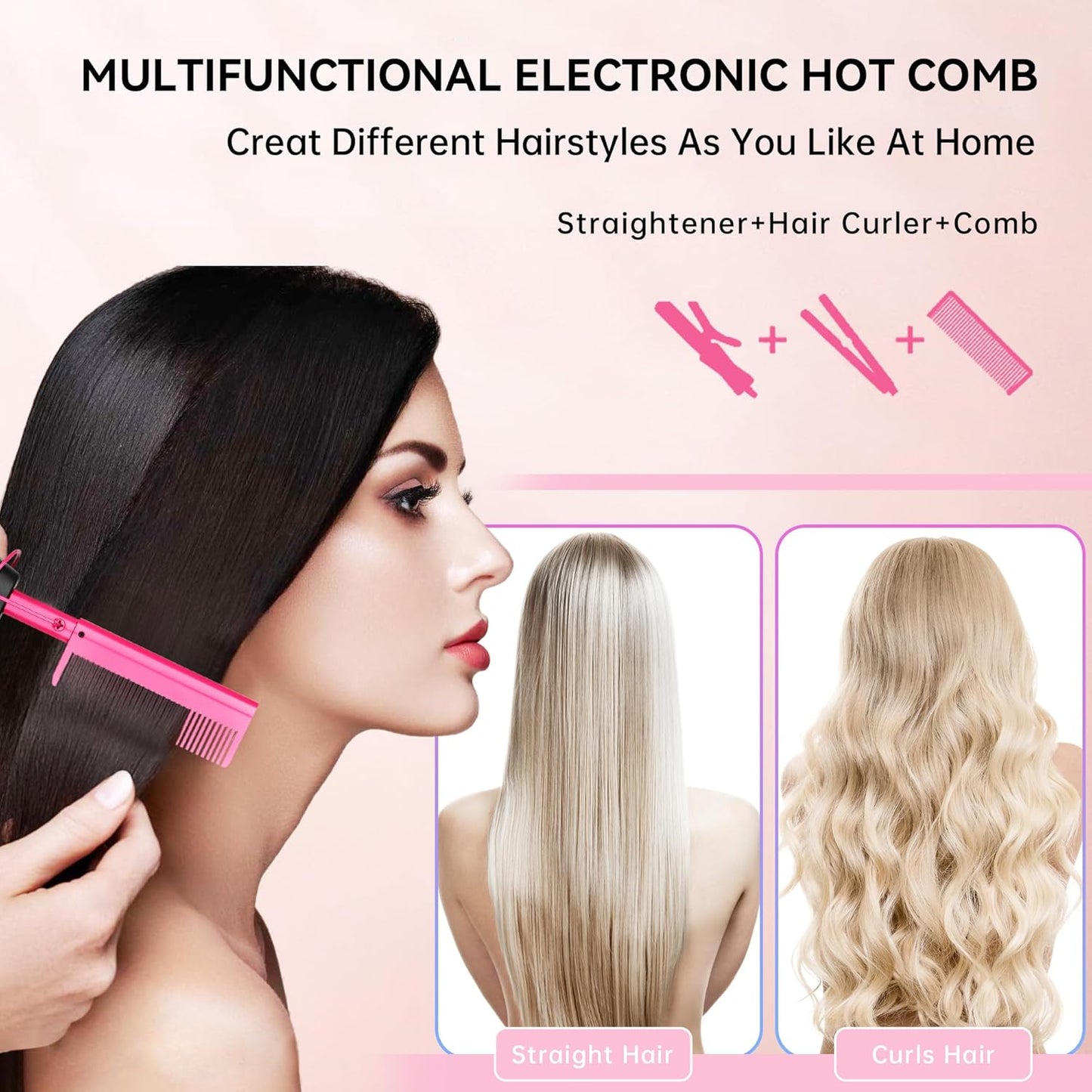Hair Straightener, Electric Hot Comb Hair Straightener Brush with Ceramic Heater Surface, Fast Heating, Dual Voltage, Adjustable Temperature for Natural Black, Curly, Frizzy Hair & Beard