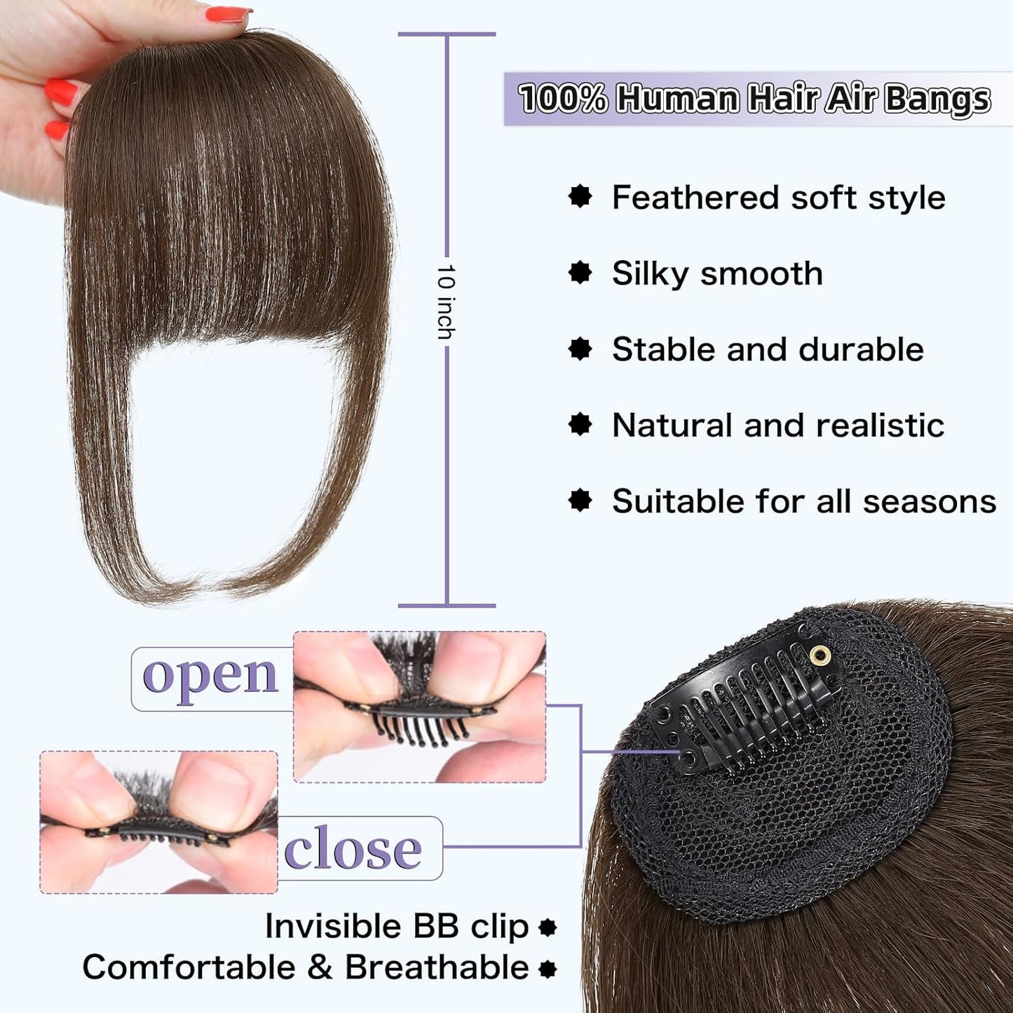 Wispy Bangs Hair Clip, 100% Human Hair Clip In Medium Brown Bangs for Women, Soft Layered Fake Bangs with Feathered Fringe, Easy Clip-On Design for Daily Wear & Halloween