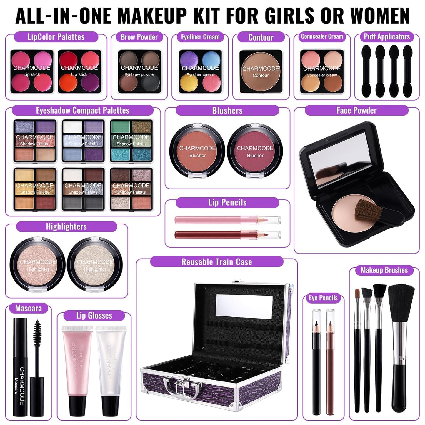 Makeup Kit for Teen Girls & Women Full Kit, Beauty Train Case with Starter Cosmetic Set, Make Up Christmas Gift Box with Eyeshadow,Lipgloss,Highlighter,Blush,Lip&Eye Pencils,Brush & More(Purple)