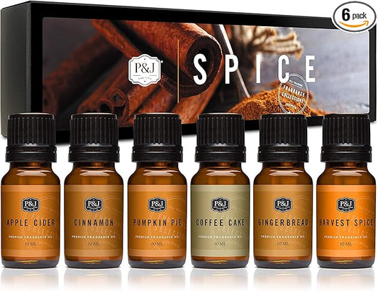 P&J Trading Spice Set of 6 Premium Grade Fragrance Oils - Cinnamon, Harvest Spice, Apple Cider, Coffee Cake, Gingerbread, Pumpkin Pie - 10ml