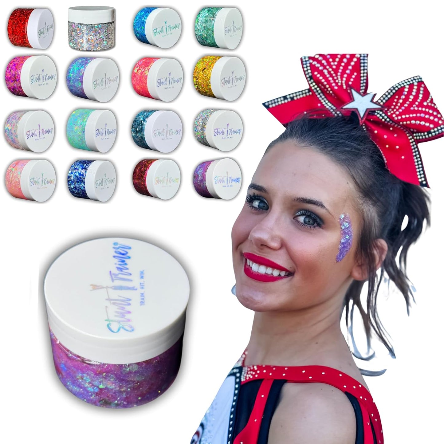 Stunt Trainer Cheer Glitter Face Body Makeup Peel Off Gel Chunky Holographic 15 Colors 1.6oz Vegan Cruelty Free Nontoxic Cheerleader Cheerleading Makeup