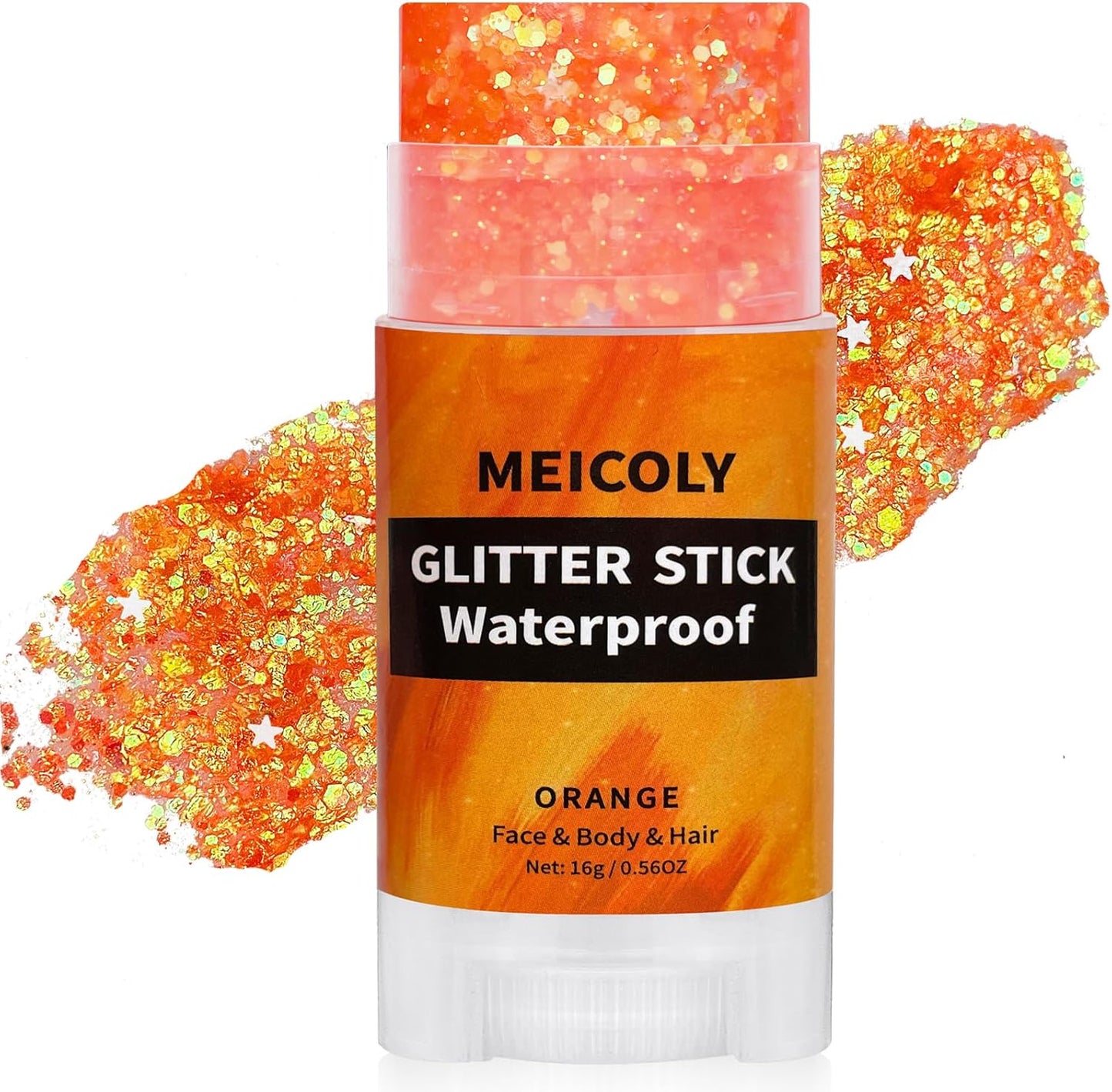 MEICOLY Orange Face Body Glitter Stick,Hair Glitter Stick for Kids and Women,Sparkle Chunky Glitter Makeup,Waterproof Face Glitter for Party Rave Festival