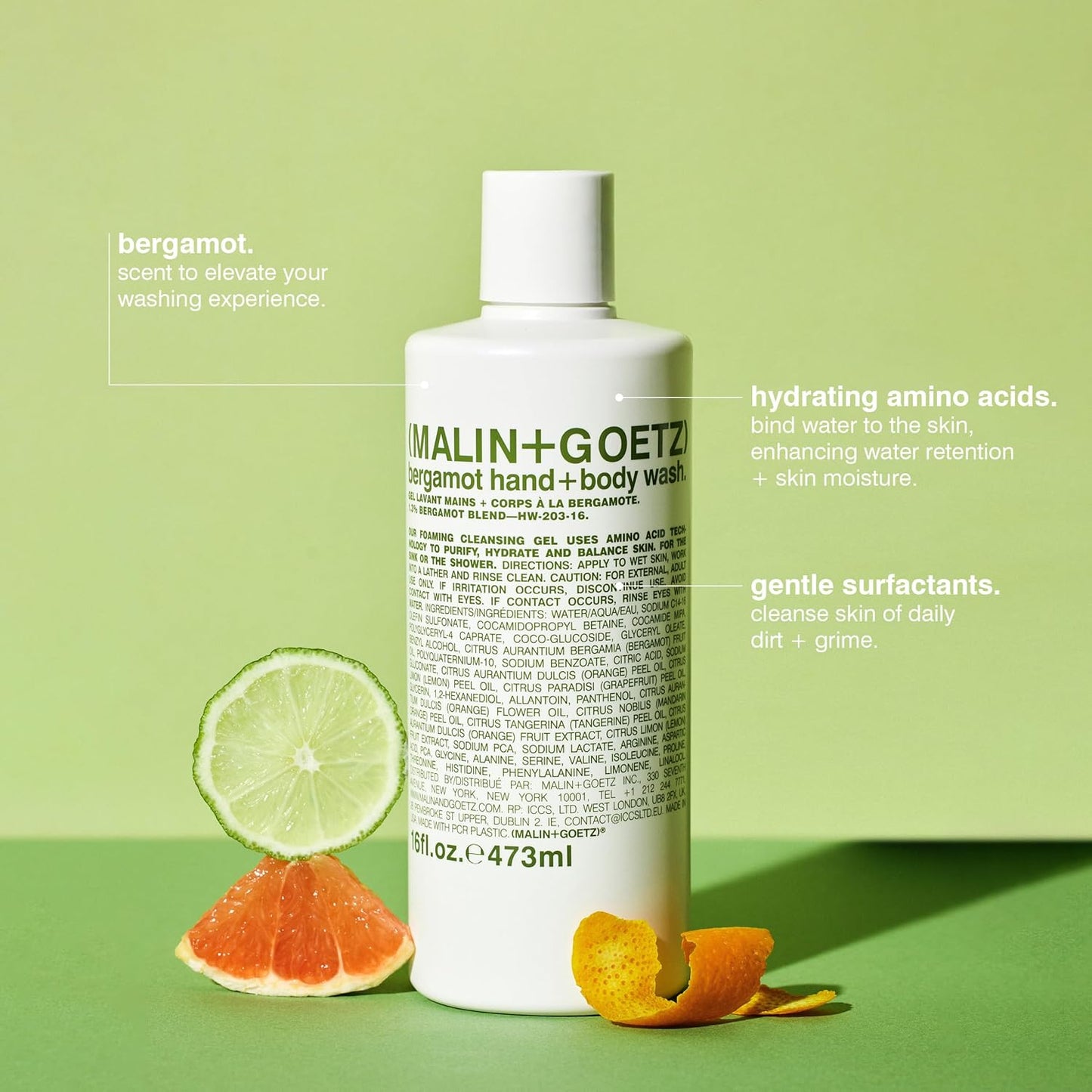 MALIN+GOETZ Hand + Body Wash | Gentle Foaming Cleanser with Botanical Extracts and Amino Acids | Hydrating, pH-Balanced, Unisex Scent | Vegan & Cruelty-Free (Bergamot, 16 Fl Oz)