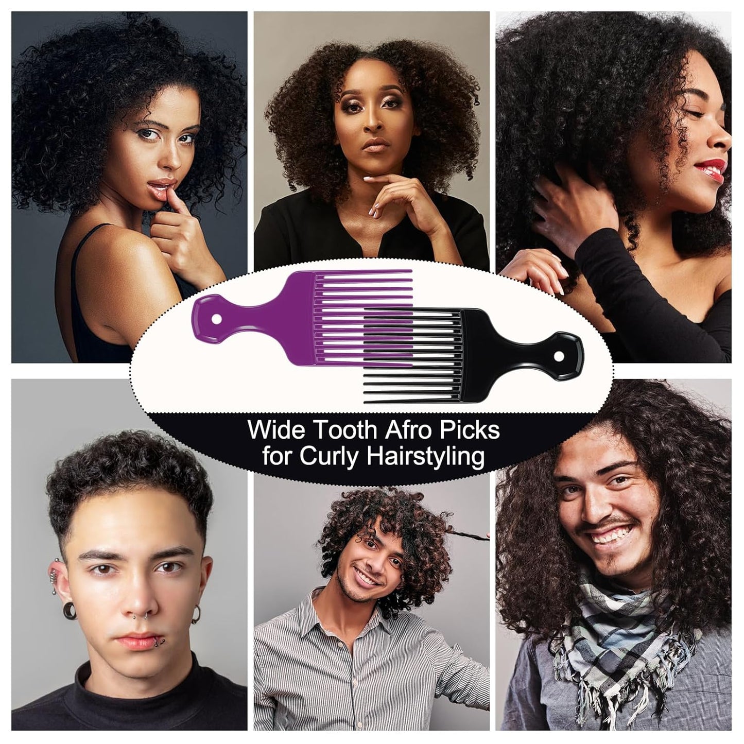 SIMPOR 2 Pcs Hair Pick Comb Wide Tooth Lift for Hair Styling Detangling Plastic Afro Pick for Women Men (Purple, Black)