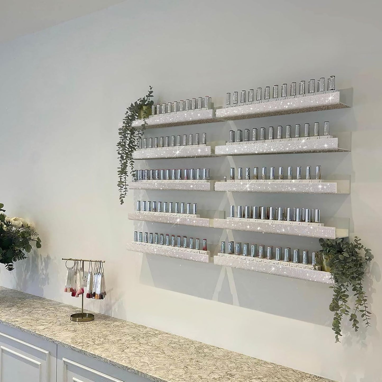 Care&More YJ 4 Pack 15 Inch Nail Polish Wall Rack，Diamond Crystal Rhinestone Acrylic Nail Polish Organizer，Sunglasses Essential Oil Picture Display Storage Wall Shelf