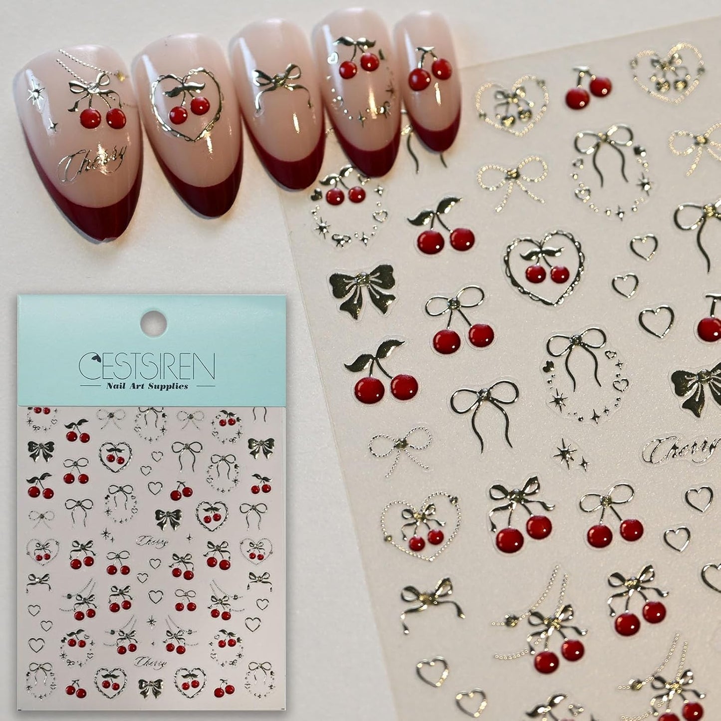 Cherry Bow Nail Art Stickers, Embossed Fruit Nail Decals, Self-Adhesive, Summer Spring Accessories for Women, Nail Decorations