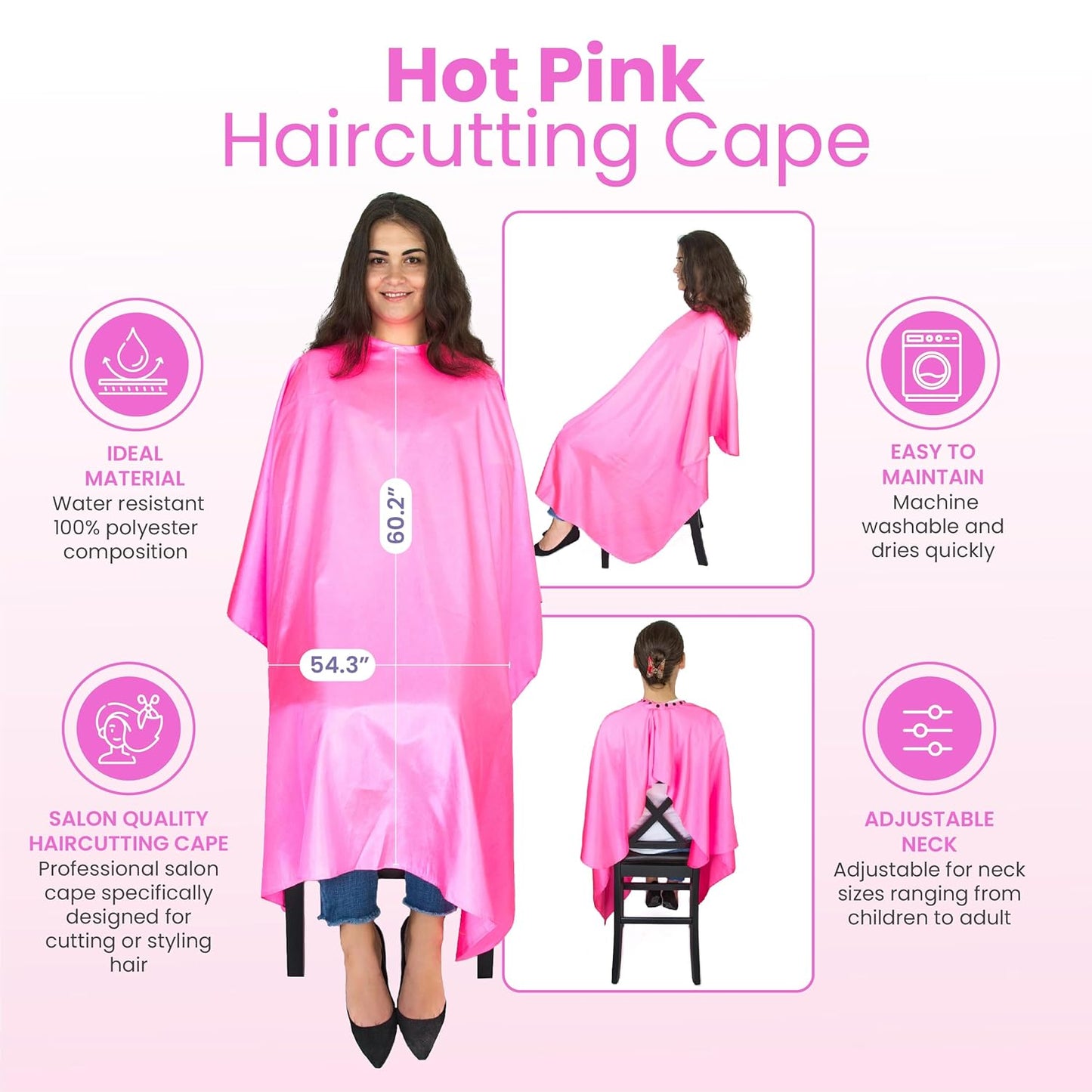 Hair Cutting Cape for Adults - Large Lightweight Water Resistant Salon Cape - Snap Closure - 60in x 57.5in - Hot Pink