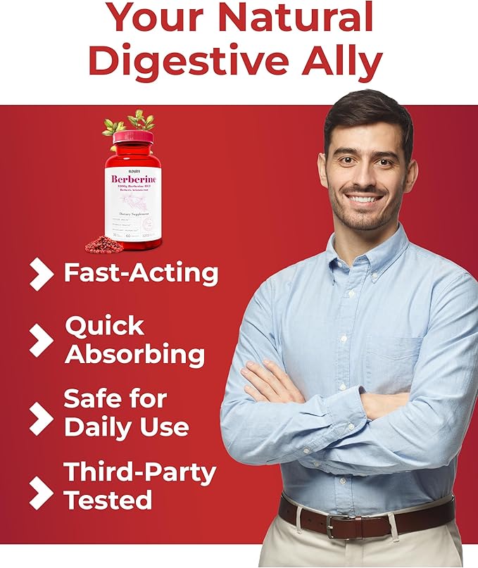 Elovate Berberine HCI Capsules, 1200mg - All-Natural, 3rd-Party-Tested, Non-GMO & Gluten-Free Berberine Supplement for Heart & Digestion, 60 Counts