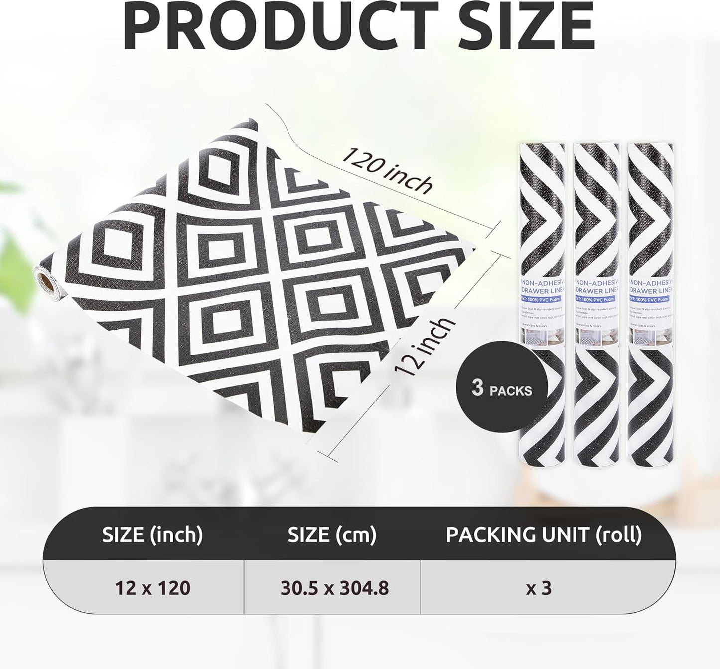 RAY STAR 12X120 Inch Shelf Liner for Kitchen Cabinets, Non-Adhesive Cabinet Liner Washable, PVC Drawer Liner for Dresser Non-Slip Bathroom (Modern Black)(3 Roll)