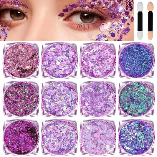 Body Glitter Face Glitter, Hair Glitter for Kids, 12 Shapes Fine Chunky Glitter Gel for Women Girls Makeup Sparkles Party Mermaid Sequins Rave Accessories Singer Concerts Festival (Purple Scheme)