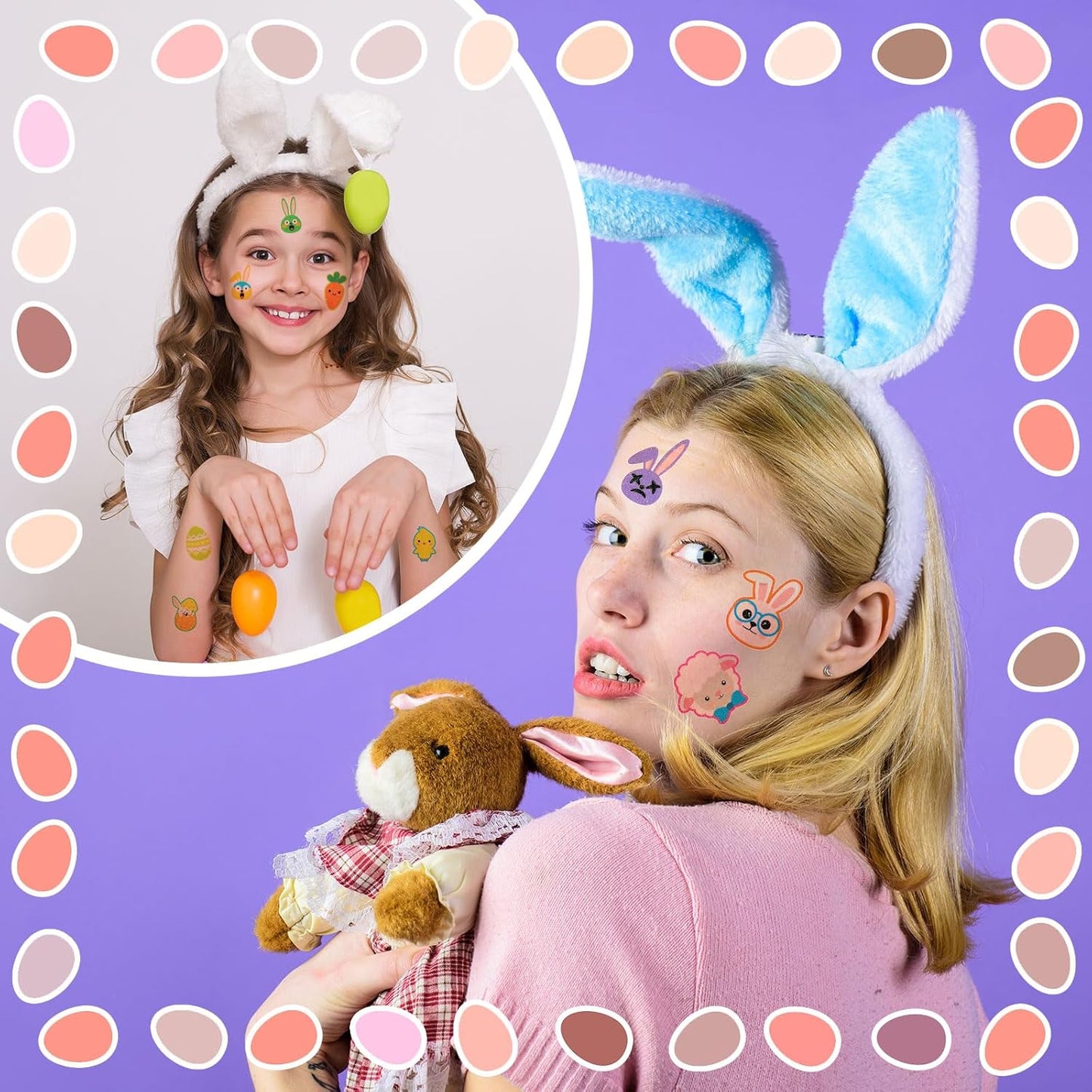 Nosiny 240 Pcs Easter Glitter Temporary Tattoos Happy Bunny Egg Chick Carrot Apparel Accessories Easter Glitter Tattoo Stickers with Expression for Kids Women Men Face Body Easter Party Favor Supplies