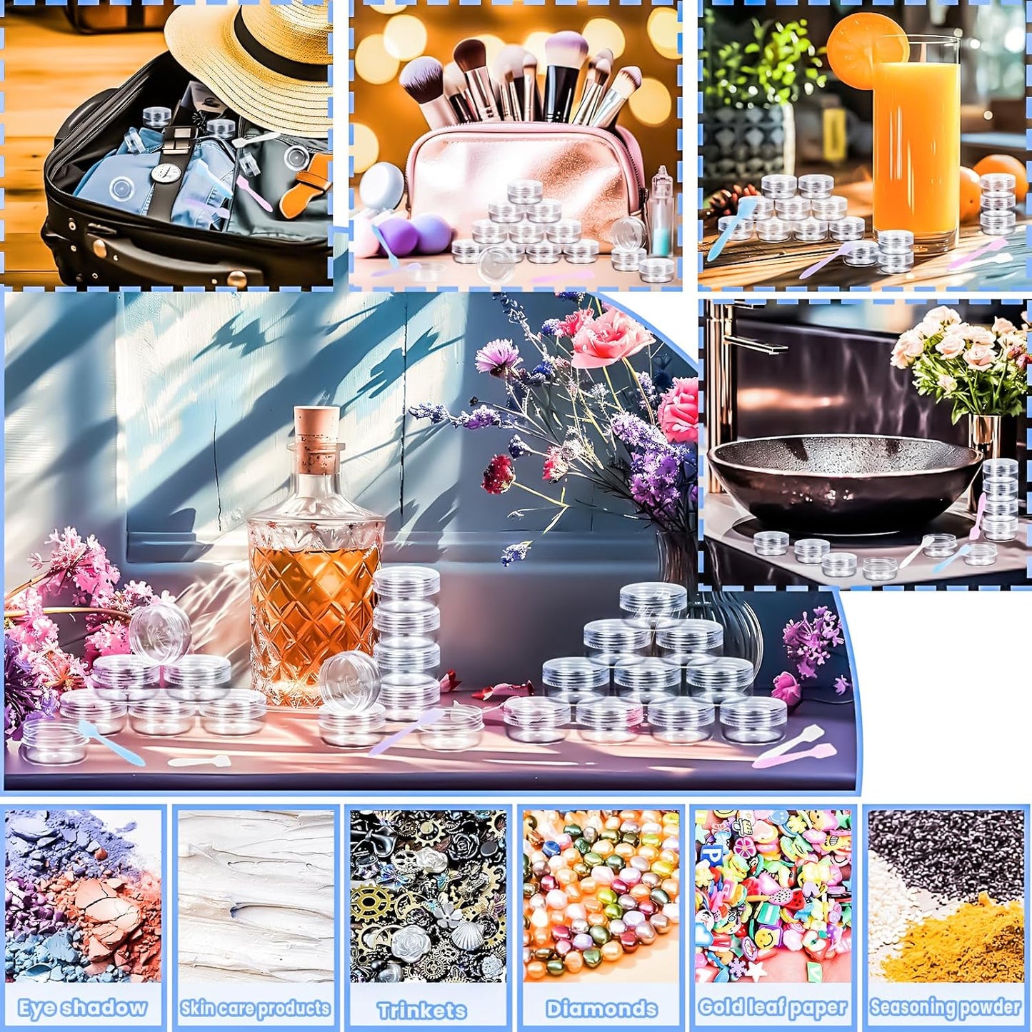 MotBach 50PCS 10g Empty Sample Containers with Clear Lids,Refillable Makeup Sample Containers, Small Sample Pot Jars Travel Makeup Containers with Mini Spatulas for Liquid Powder Creams Lotions